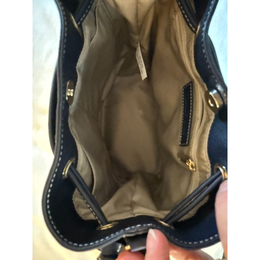 Talbots Purse Blue Quilted Bucket Bag Brown Leather Trim Crossbody Drawstring - Picture 10 of 11